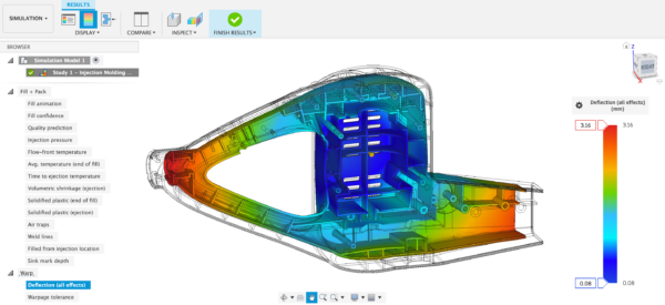 Detail view of a Moldflow injection molding simulation in Autodesk Fusion, displaying the deformation of a plastic part with various color gradients.