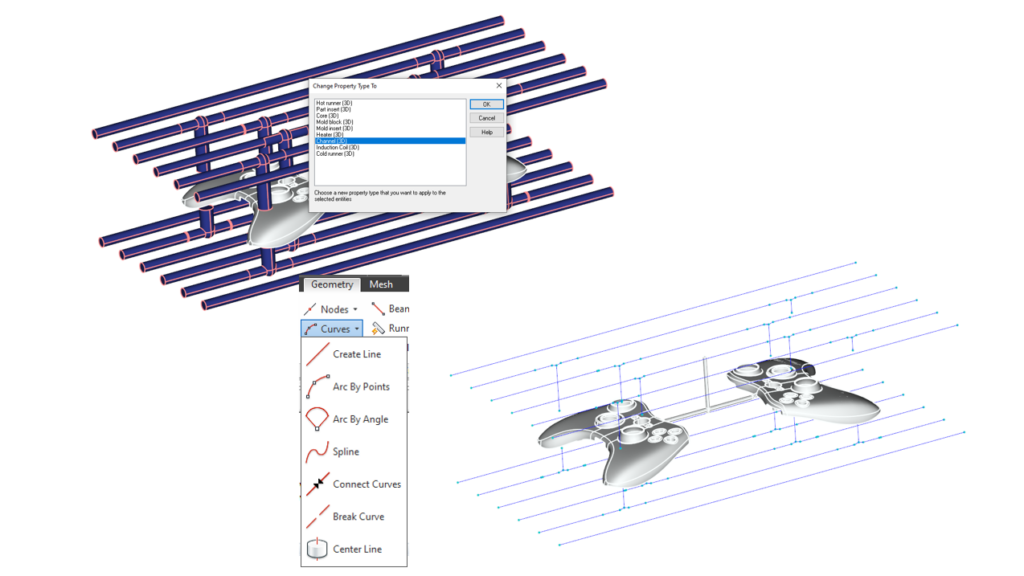 There is a component for which you can choose to change the property type to apply to the selected entities. But you can also edit the geometry and mesh.