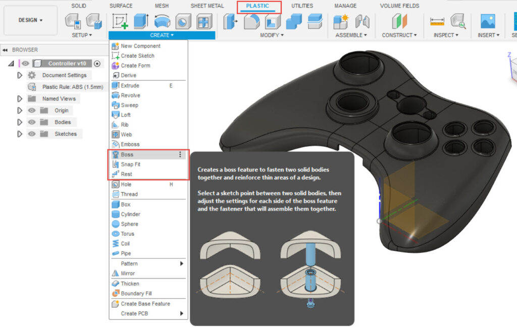 In the Design menu you can click at "plastic" and choose the tools "boss, snap fit and rest" to help you design plastic parts.