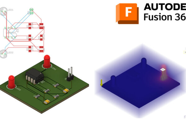 The image shows a printed circuit board within Fusion 360, a software extension sold by MFS - Moldflow & Fusion 360 Experts